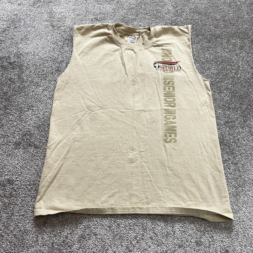 Gildan Cut Off Sleeves Tank Top Shirt Adult Medium Biege World Senior Games Logo